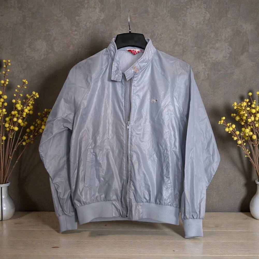 Vintage Izod Lacoste Glossy Windbreaker Jacket Mens L Gray Alligator Logo Large